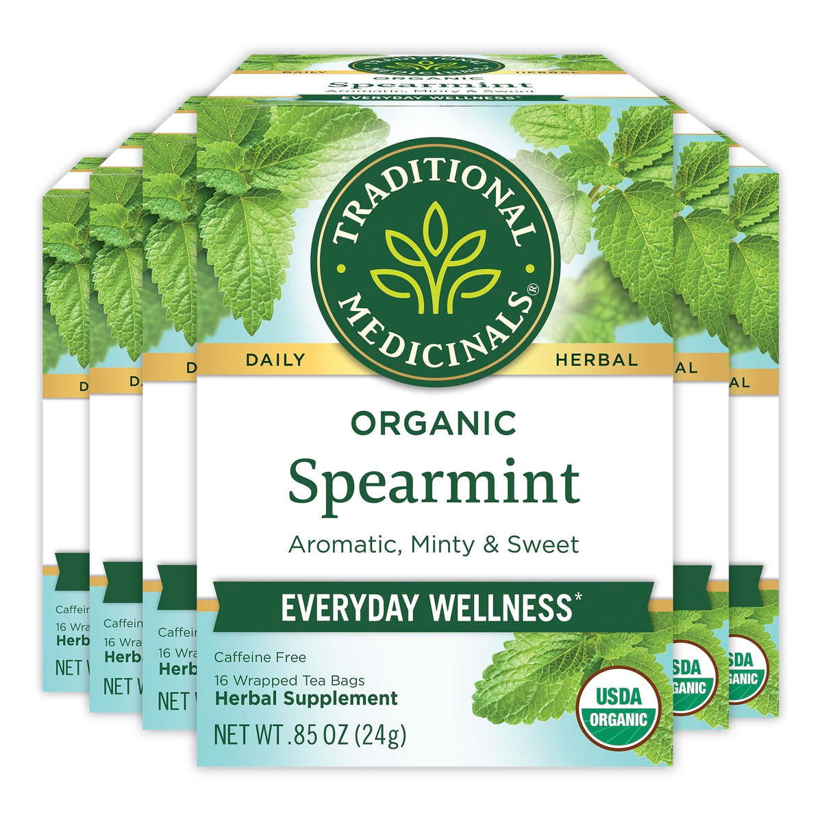 Traditional Medicinals Organic Spearmint tea bags in a box offer a refreshing daily ritual.