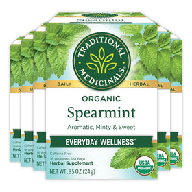 Traditional Medicinals Organic Spearmint tea bags in a box offer a refreshing daily ritual.