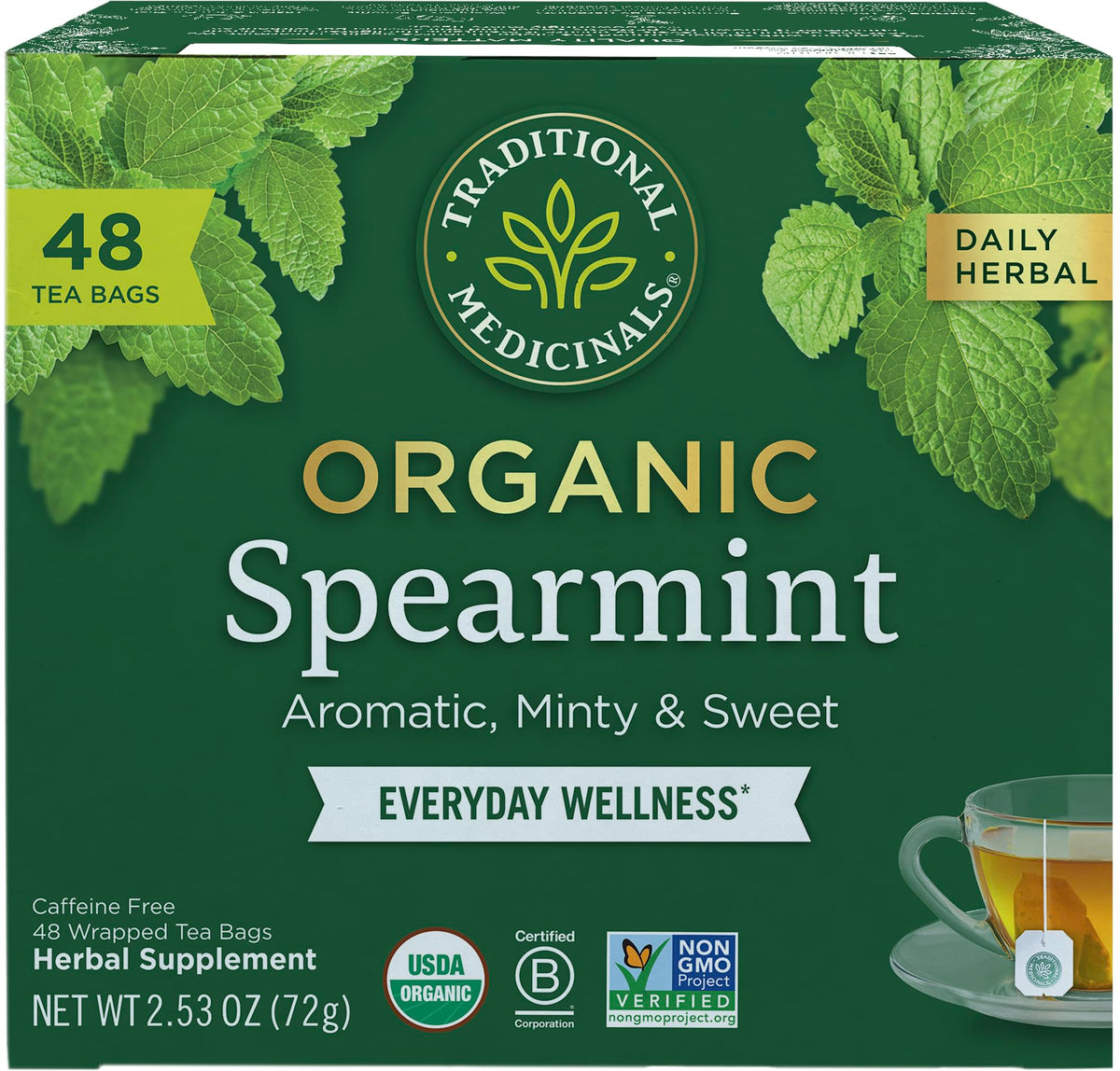 Traditional Medicinals Organic Spearmint Tea box front shows organic sourcing.