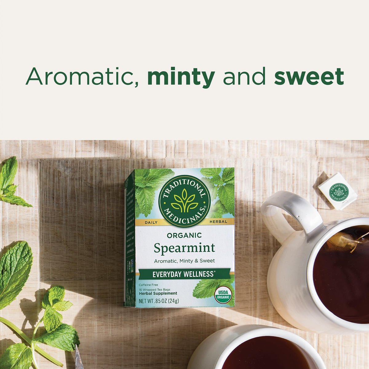 Traditional Medicinals Organic Spearmint tea box on kitchen shelf for everyday wellness.
