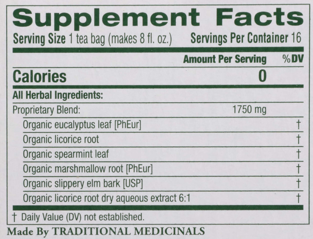 Traditional Medicinals Organic Throat Coat Eucalyptus tea packaging showcases organic, Fair Wild-certified ingredients.