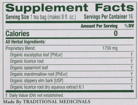 Traditional Medicinals Organic Throat Coat Eucalyptus tea packaging showcases organic, Fair Wild-certified ingredients.
