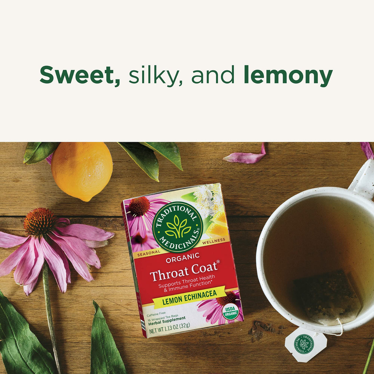 Traditional Medicinals Organic Throat Coat Lemon Echinacea packaging emphasizes organic and caffeine-free ingredients.