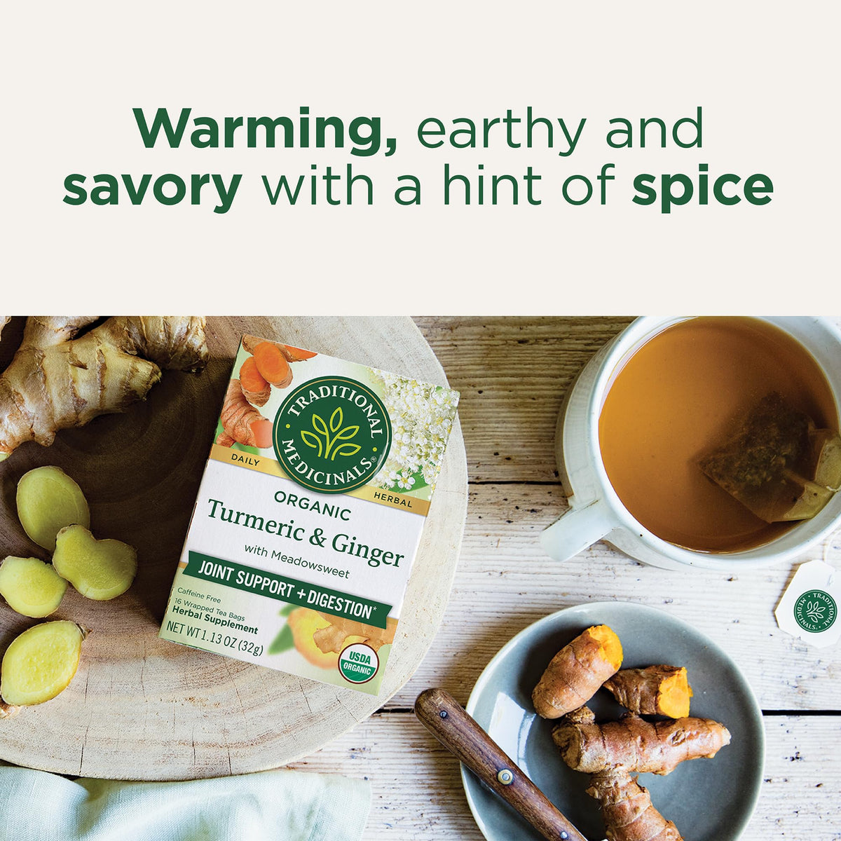 Traditional Medicinals organic turmeric tea cup steeping for a fragrant sip.