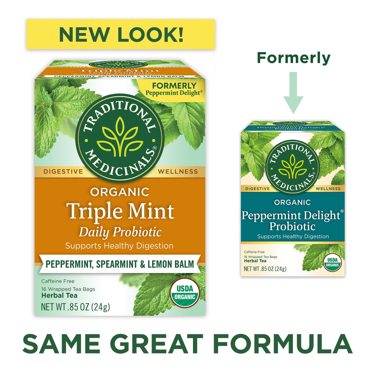 Traditional Medicinals Peppermint Delight tea bags close-up, organic and caffeine-free.