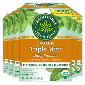 Traditional Medicinals Peppermint Delight packaging with compostable tea bags for eco-friendly sipping.
