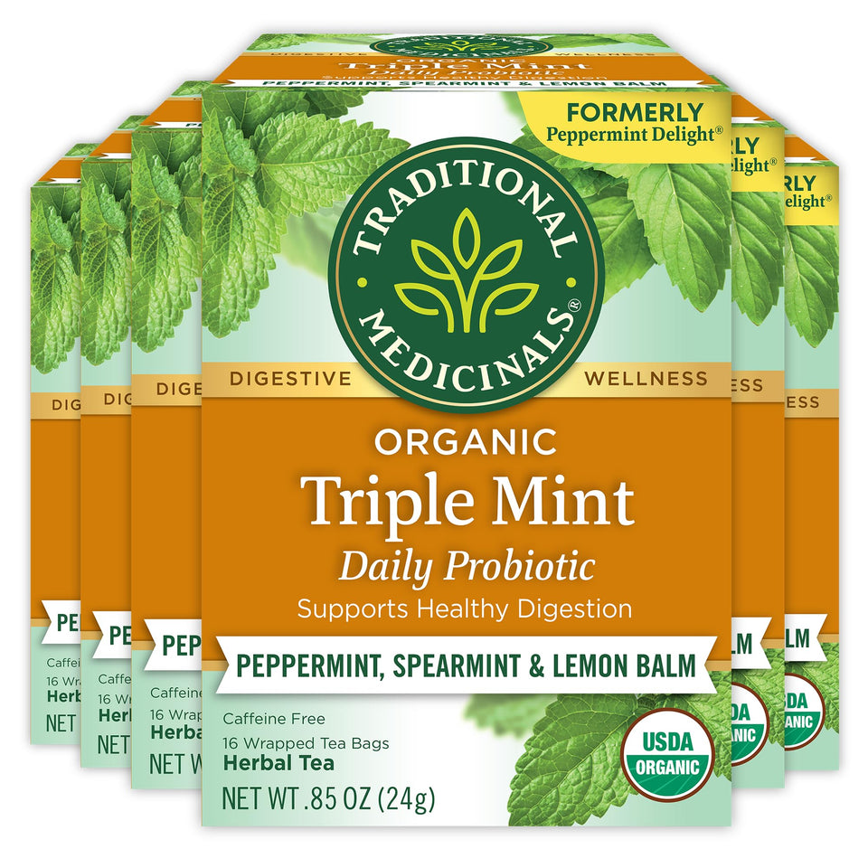Traditional Medicinals Peppermint Delight packaging with compostable tea bags for eco-friendly sipping.