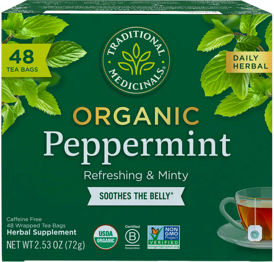 Traditional Medicinals peppermint tea bags, aromatic and caffeine-free for post-meal refreshment.