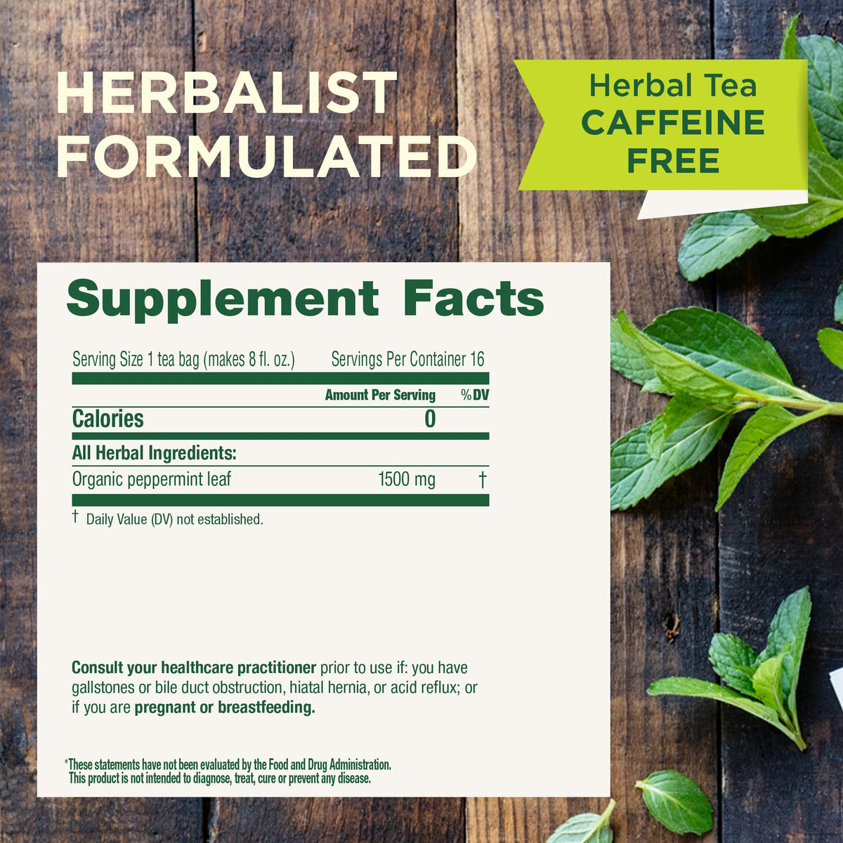 Organic peppermint tea box label emphasizing non-GMO and kosher certifications.