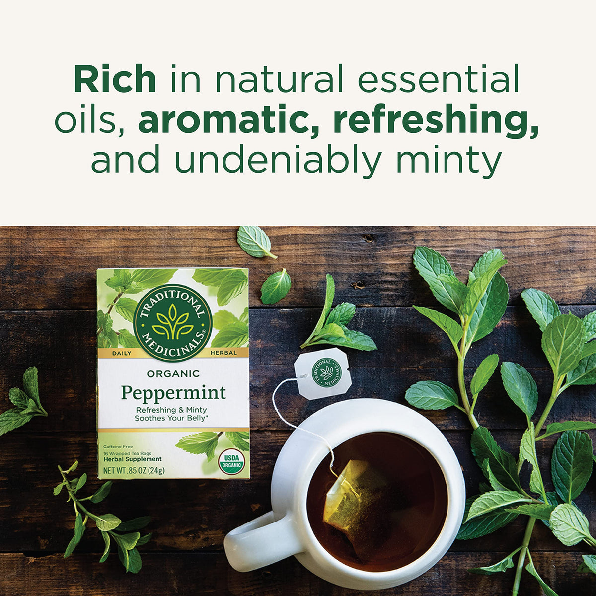 Brewed cup of Traditional Medicinals peppermint tea with a refreshing mint aroma.