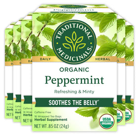 Traditional Medicinals peppermint tea packaging highlighting organic ingredients and eco-friendly bags.