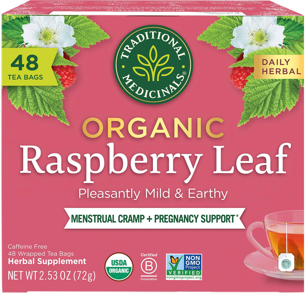 Traditional Medicinals Organic Raspberry Leaf Tea bags for daily cycle support.