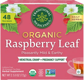 Traditional Medicinals Organic Raspberry Leaf Tea bags for daily cycle support.
