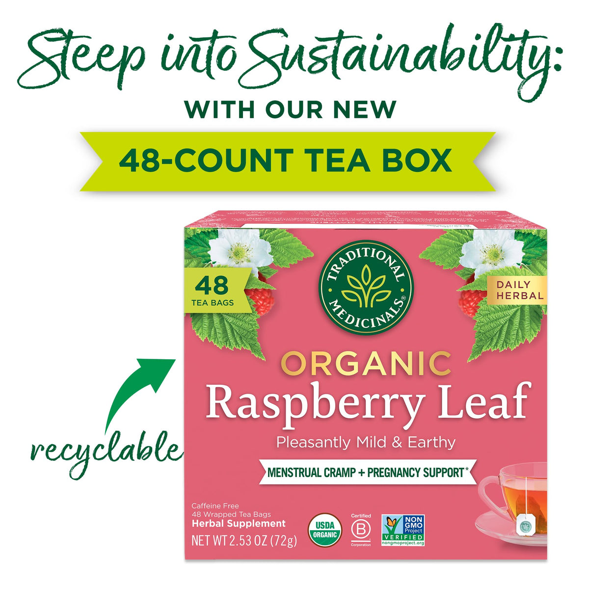 Traditional Medicinals raspberry leaf tea steeping in a cup, for menstrual comfort.