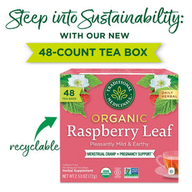 Traditional Medicinals raspberry leaf tea steeping in a cup, for menstrual comfort.