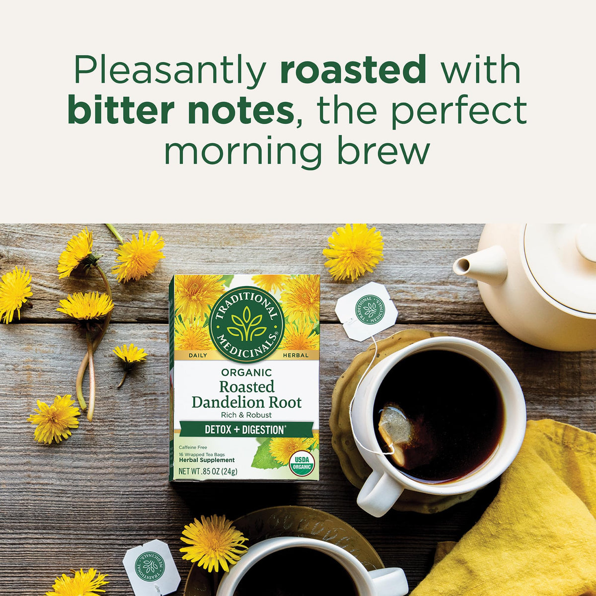 Traditional Medicinals tea being steeped to release roasted, mildly bitter notes.