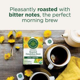 Traditional Medicinals tea being steeped to release roasted, mildly bitter notes.