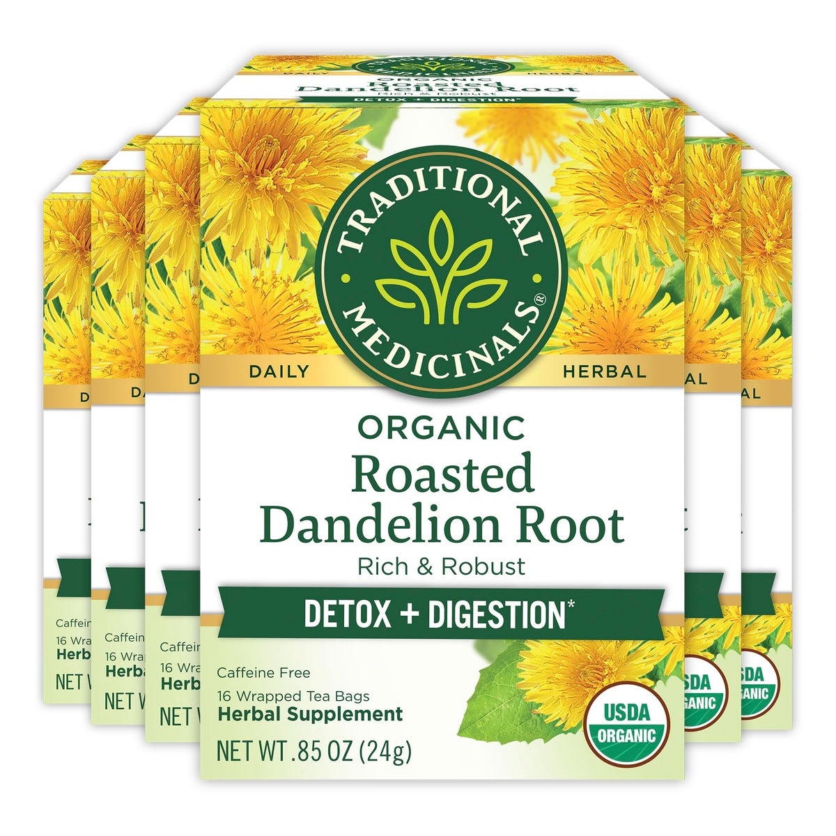 Traditional Medicinals roasted dandelion root tea bags for a caffeine-free ritual.