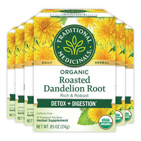 Traditional Medicinals roasted dandelion root tea bags for a caffeine-free ritual.
