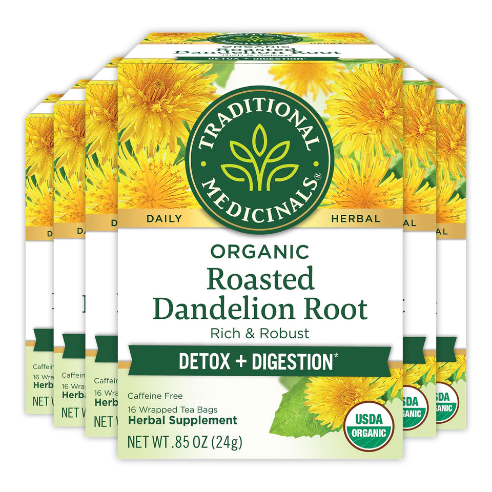 Traditional Medicinals roasted dandelion root tea bags for a caffeine-free ritual.