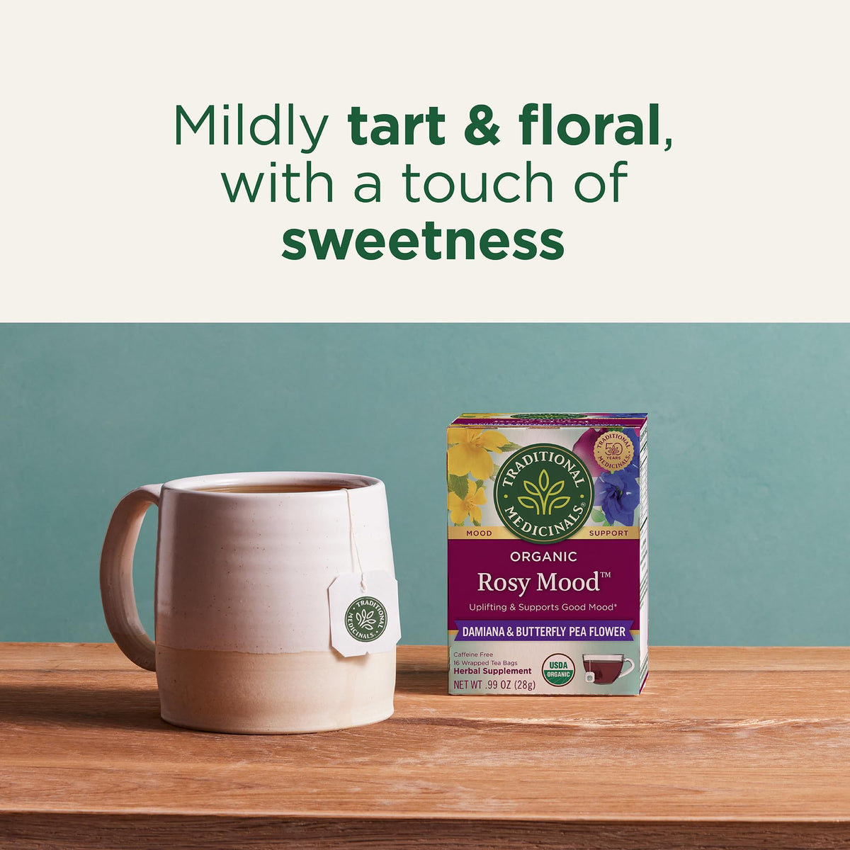 Traditional Medicinals Rosy Mood features butterfly pea flower for vibrant floral aroma