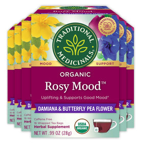 Traditional Medicinals Rosy Mood tea bags packaging promotes a pleasant mood