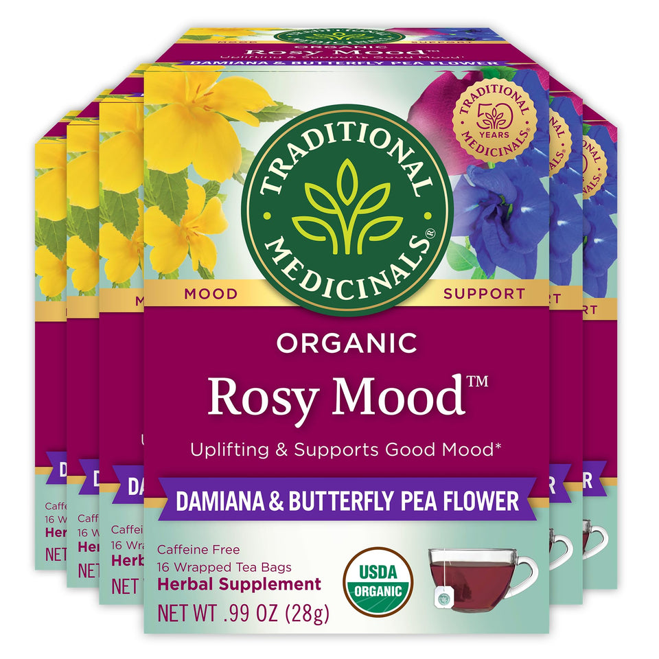 Traditional Medicinals Rosy Mood tea bags packaging promotes a pleasant mood