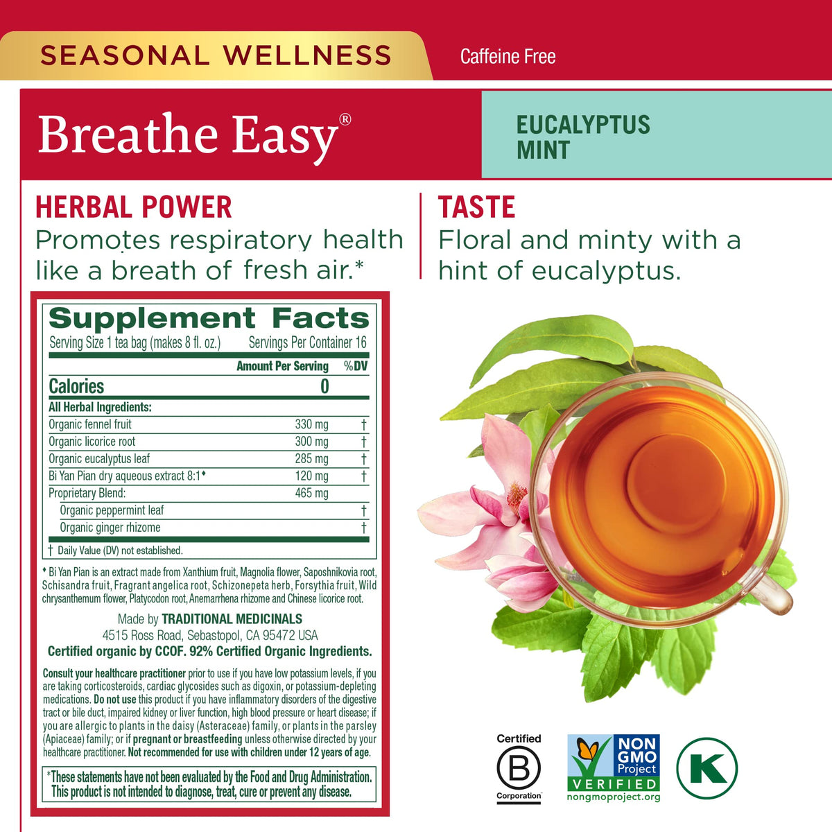 Traditional Medicinals Breathe Easy tea, eucalyptus aroma and refreshing scent.