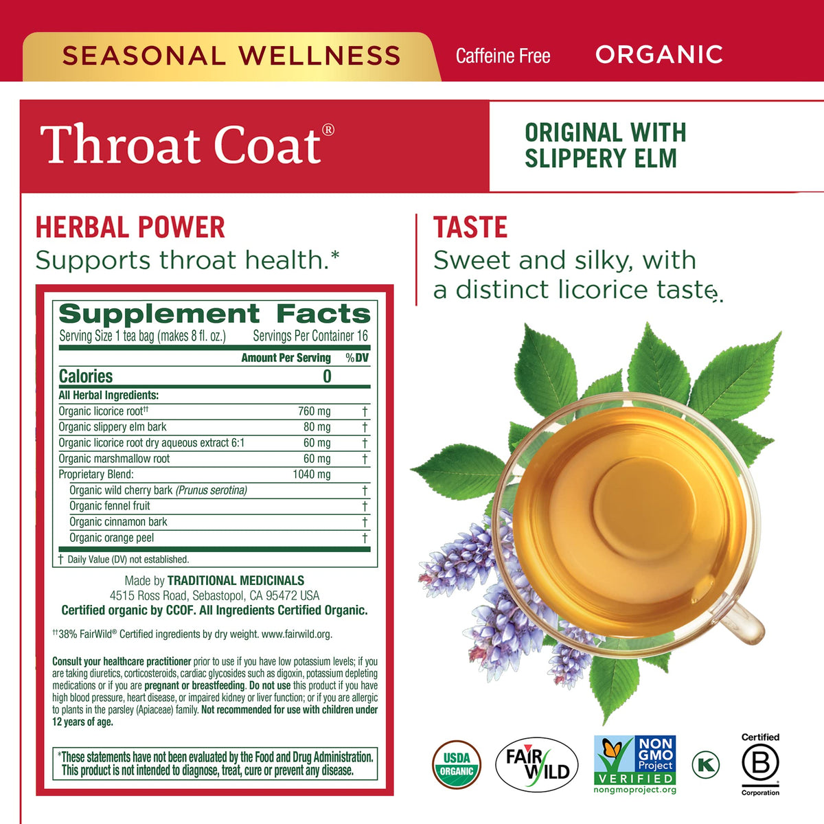 Traditional Medicinals Throat Coat tea, front and center, throat-soothing herbal blend.