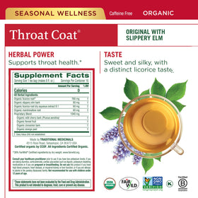 Traditional Medicinals Throat Coat tea, front and center, throat-soothing herbal blend.