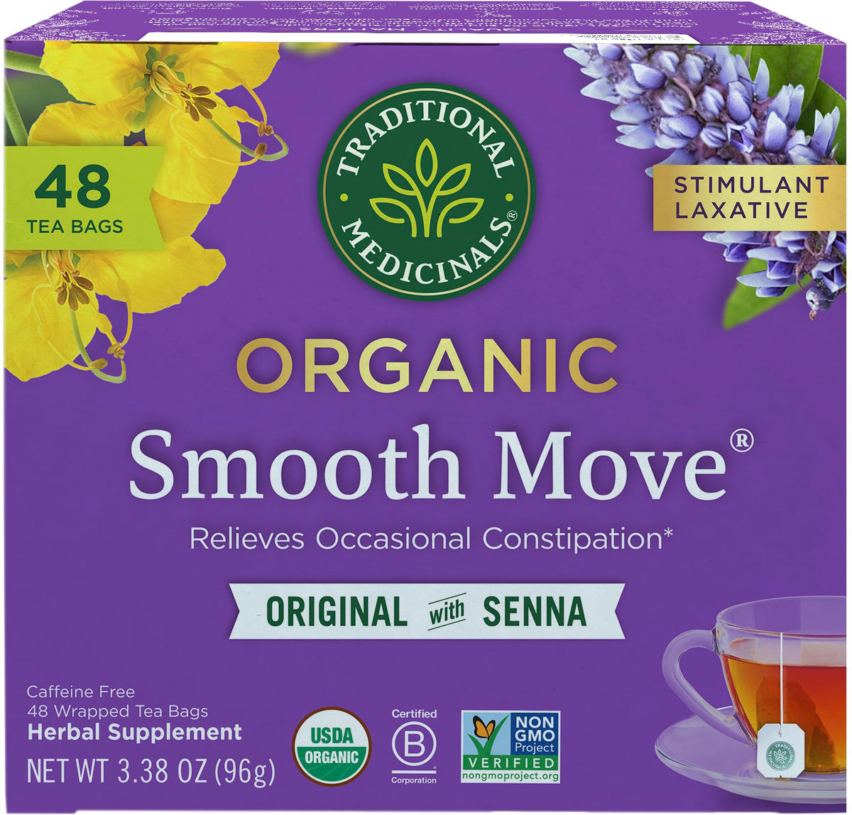 Traditional Medicinals Smooth Move tea bags ready for steeping, gentle overnight support.