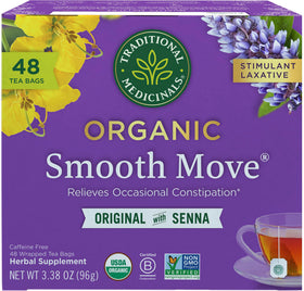 Traditional Medicinals Smooth Move tea bags ready for steeping, gentle overnight support.