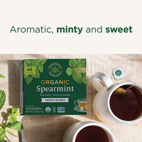 Traditional Medicinals Spearmint tea label featuring certifications and quality marks.
