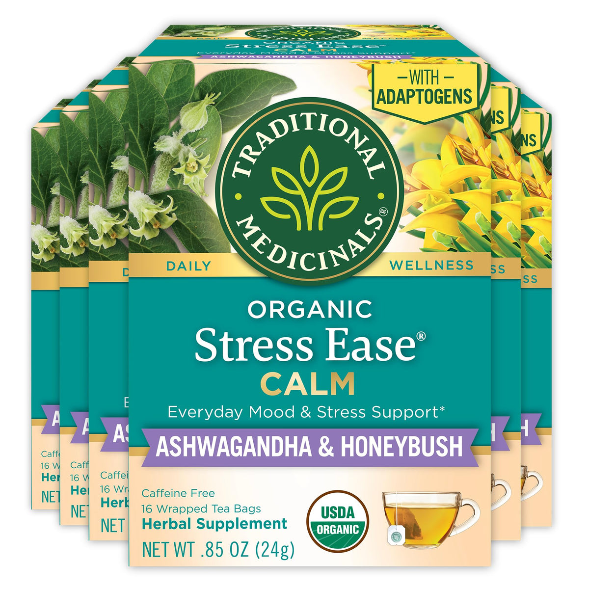 Traditional Medicinals Stress Ease Calm tea bags for a relaxing, caffeine-free moment