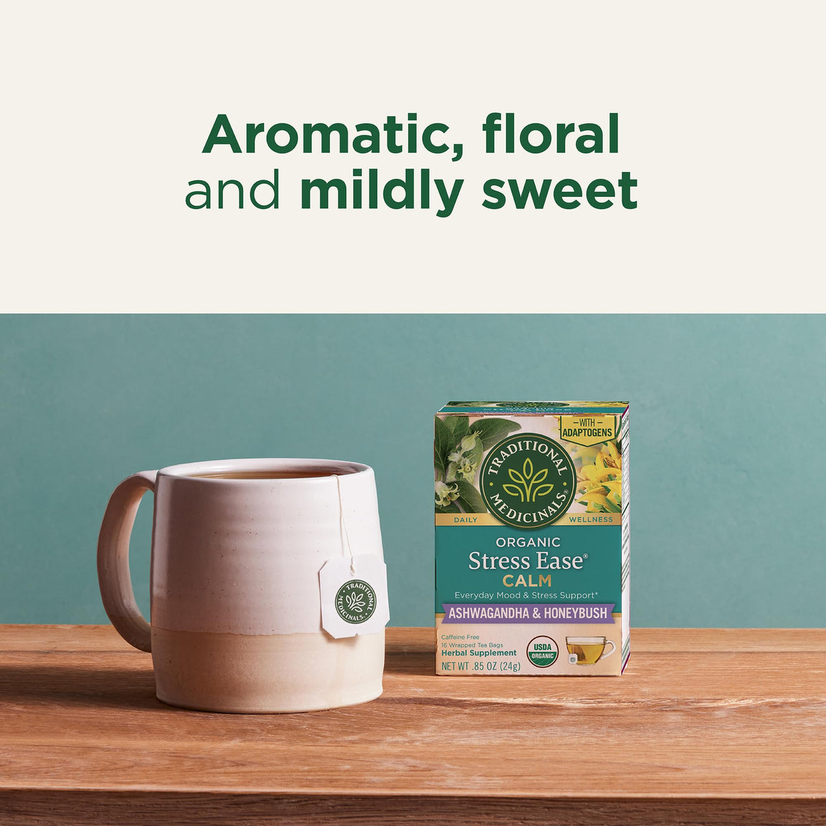 Traditional Medicinals Stress Ease Calm tea cup steeping for a quiet moment