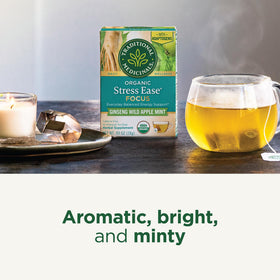 Traditional Medicinals Stress Ease Focus ginseng root highlights energizing herbal notes.