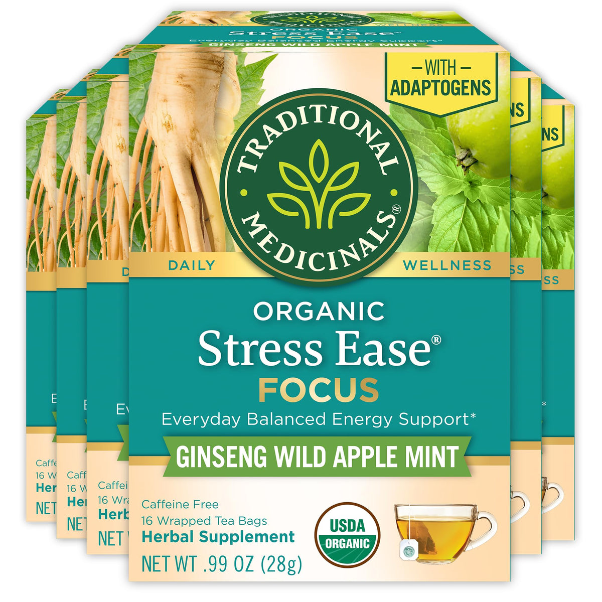Traditional Medicinals Stress Ease Focus tea bags ready to brew for calm focus.