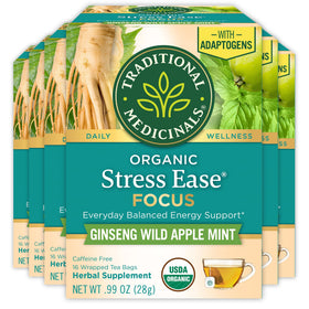 Traditional Medicinals Stress Ease Focus tea bags ready to brew for calm focus.