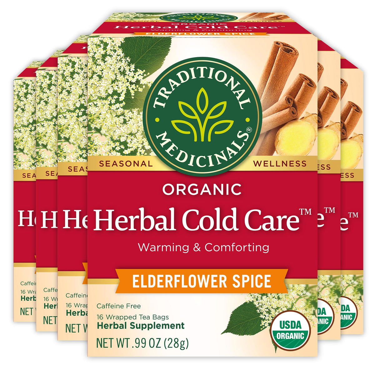 Traditional Medicinals elderflower spice tea cup steaming for seasonal comfort.