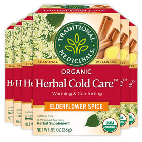Traditional Medicinals elderflower spice tea cup steaming for seasonal comfort.