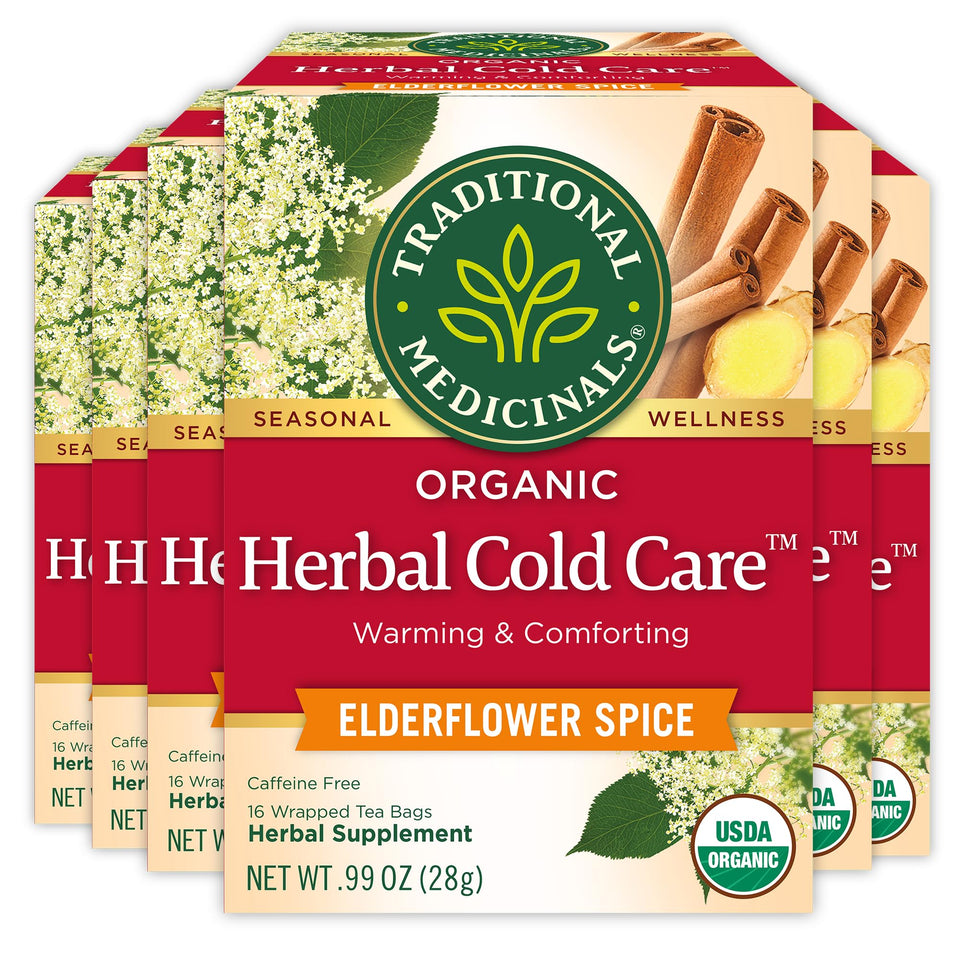 Traditional Medicinals elderflower spice tea cup steaming for seasonal comfort.