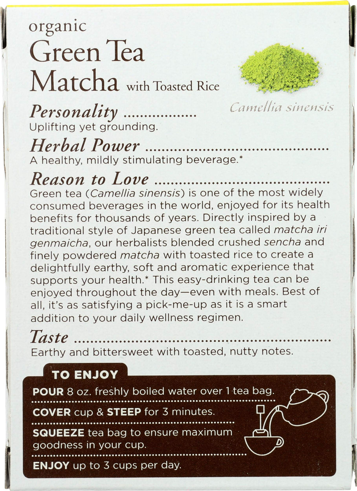 Traditional Medicinals Matcha Genmaicha closeup of sencha, matcha, toasted rice boosts focus