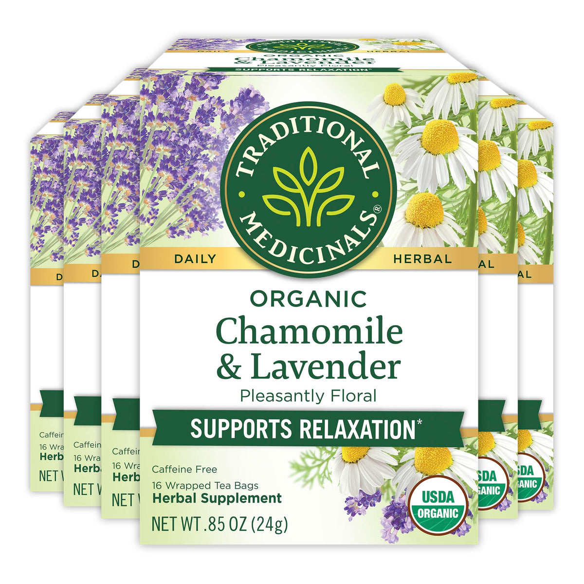 Traditional Medicinals Organic Chamomile Lavender tea box inviting calm after a busy day.