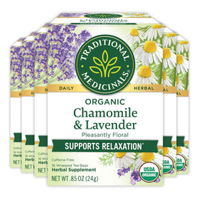 Traditional Medicinals Organic Chamomile Lavender tea box inviting calm after a busy day.