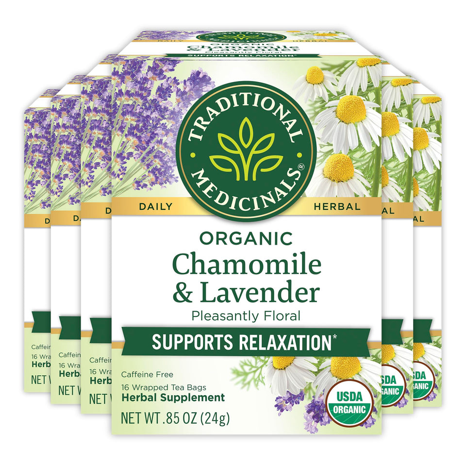 Traditional Medicinals Organic Chamomile Lavender tea box inviting calm after a busy day.