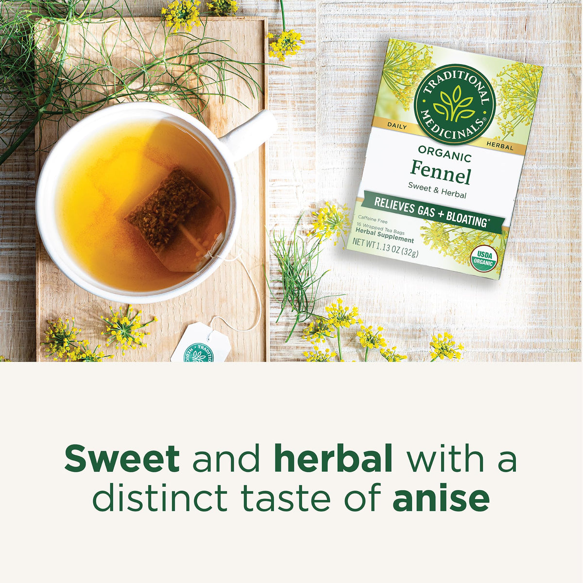 Traditional Medicinals Organic Fennel tea steeping cup offers a soothing sip