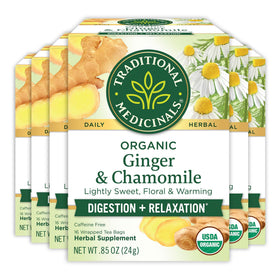 Traditional Medicinals Organic Ginger & Chamomile tea cup with warm aroma