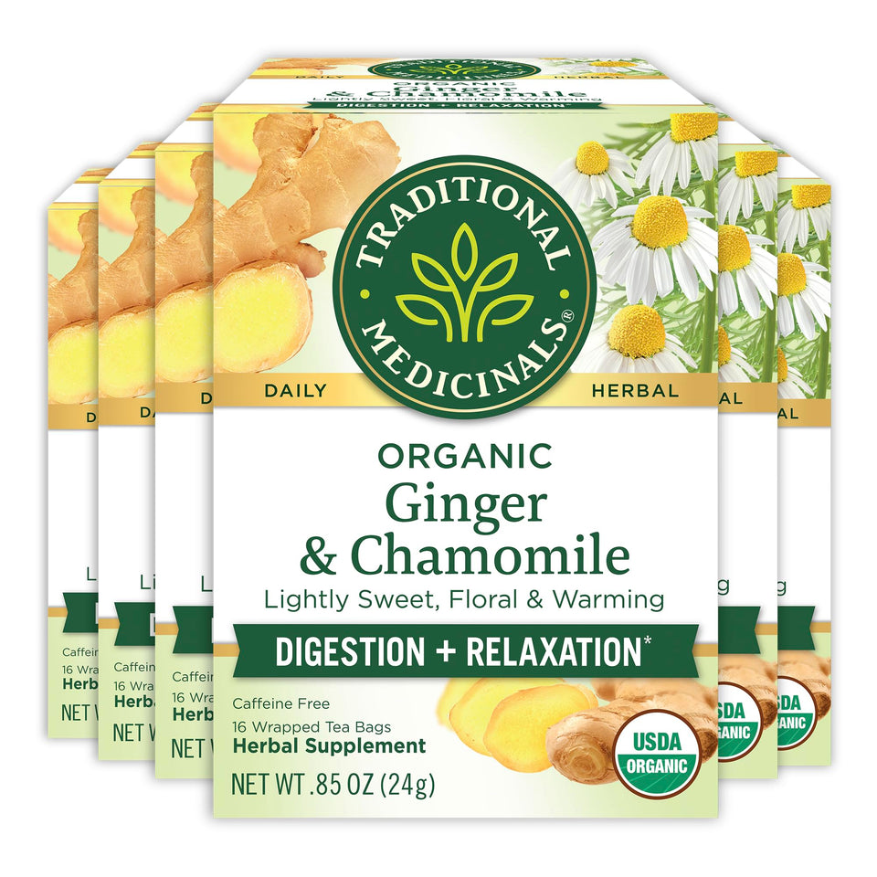 Traditional Medicinals Organic Ginger & Chamomile tea cup with warm aroma