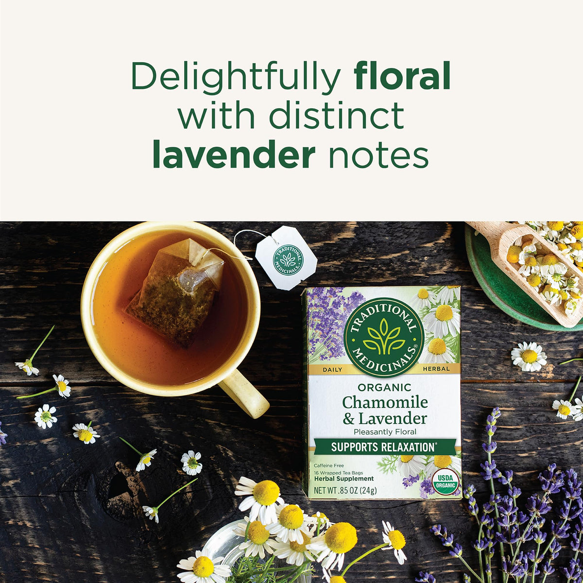 Traditional Medicinals steaming cup of chamomile lavender tea signaling a relaxing moment.