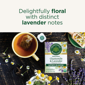 Traditional Medicinals steaming cup of chamomile lavender tea signaling a relaxing moment.